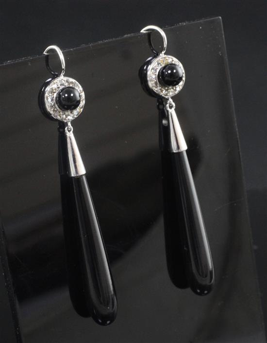 A pair of white gold, black onyx and rose cut diamond set drop earrings, 55mm.